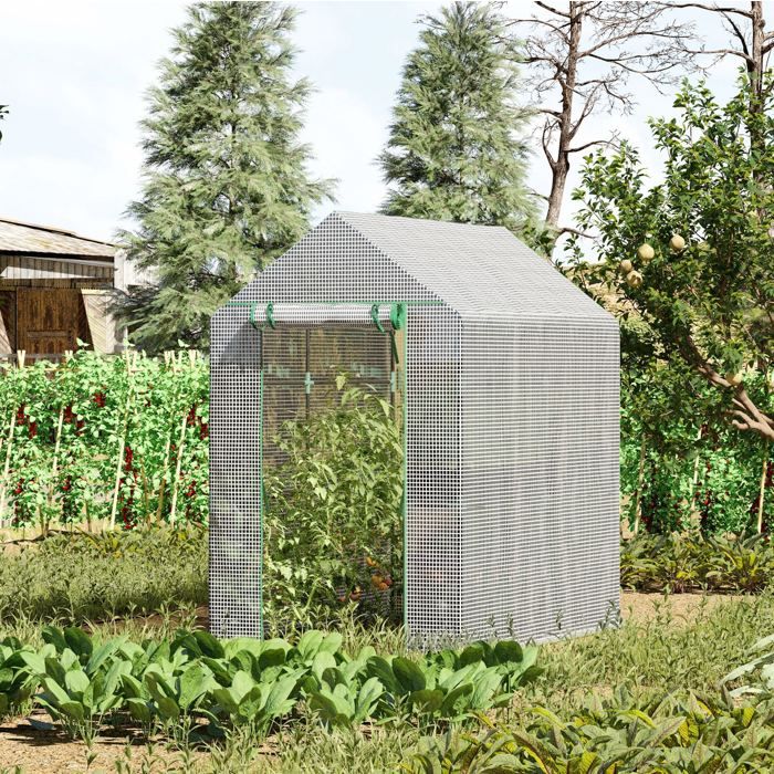Serre de jardin piétonne 120 x 186 x 190 cm avec porte zippée 4 étagères bâche PE blanche VEVXYN