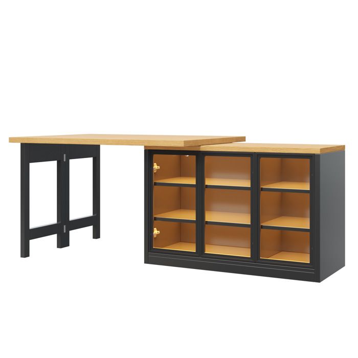 Îlot de cuisine avec table extensible pivotante 360° et rangement latéral – Noir