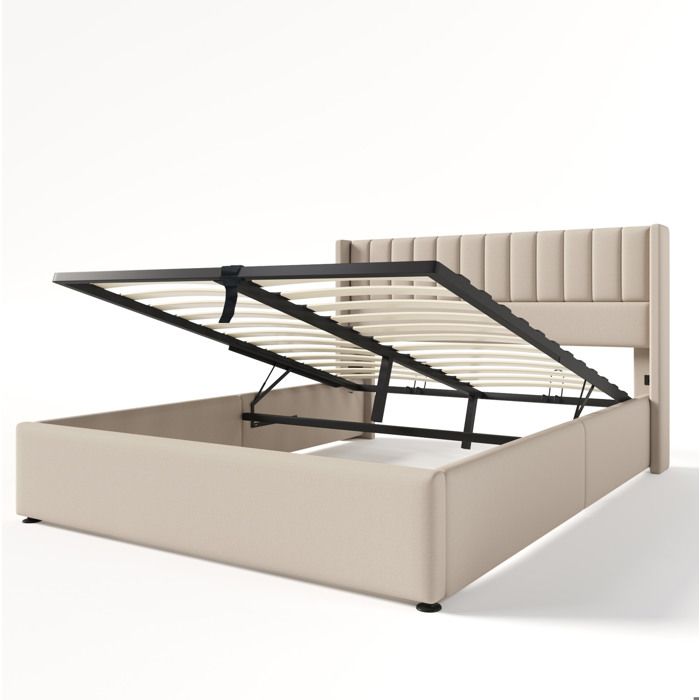 Lit coffre double 140 x 200 cm beige en lin avec sommier à lattes relevable hydraulique