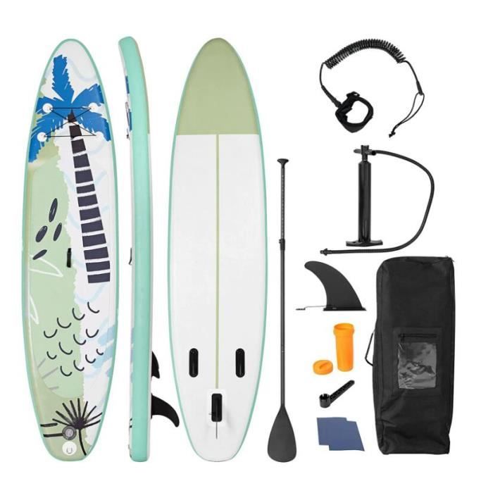 GYMAX Stand Up Paddle Board Gonflable 335X76X15CM, Planche de Surf Charge 130KG avec Anneau de Sécurité, Pagaie Rétractable, Vert