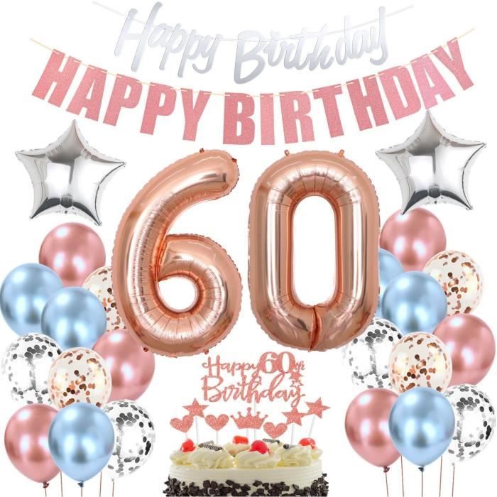 Décoration 60 Ans Femme - Guirlande Happy Birthday + Serpentins Or Rose - Pour Fête Anniversaire, Déco Murale