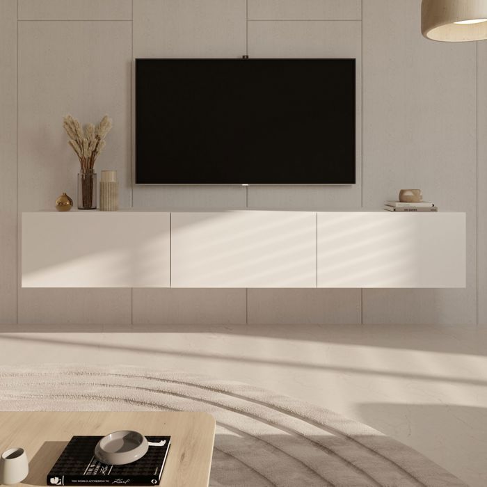 Meuble TV suspendu 3 portes 180x35x296 cm blanc - DALLYN