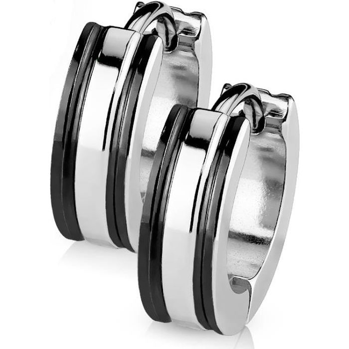 Boucles D'Oreilles Créoles Huggie - Acier Inoxydable Noir à Rayures - Unisexe - Neuf Sans Boîte