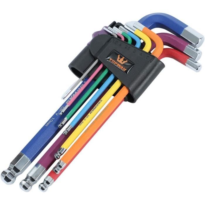 Jeu de Clés Allen 9 Pièces à Code Couleur, Clé Hexagonale Métrique à Bras Long 1,510mm, Acier