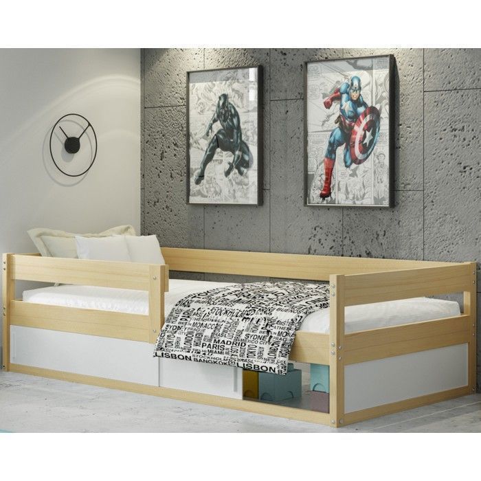Lit Enfant Hugo 80x160 avec sommier à Lattes et Espace de rangement sous Le lit Fonctionnel Lit Simple Montessori (Pin+blanc)