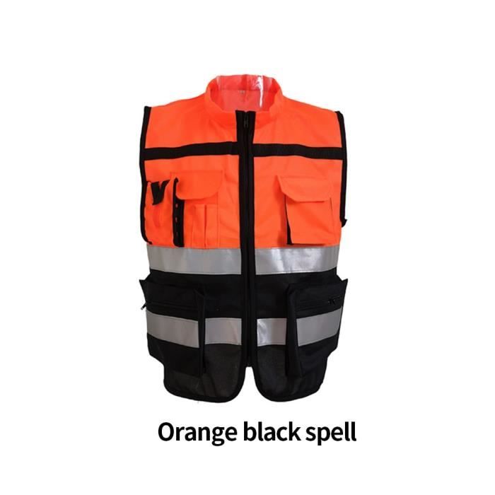 XXL - Sort noir orange - Gilet de sécurité à fermeture éclair avant haute  visibilité, avec bandes réfléchissa