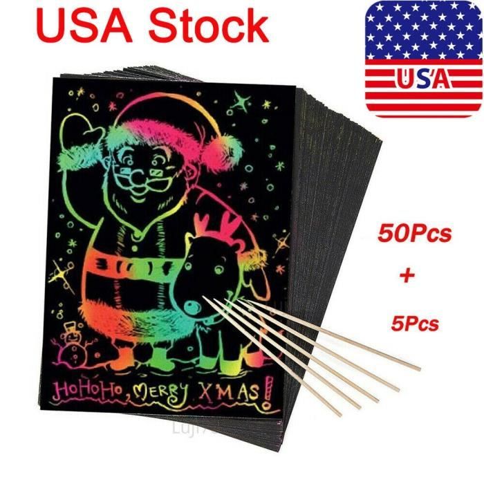 Melliex Kit 48 Papiers à Gratter Noël - Art à Gratter Arc-en-Ciel Avec Stylos Pour Déco De Fête