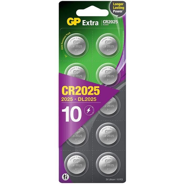 Piles CR2025 - Lot de 10 Piles | GP Extra | Batteries CR 2025 Lithium 3v - Longue durée pour dispositifs Portables, Porte-clés