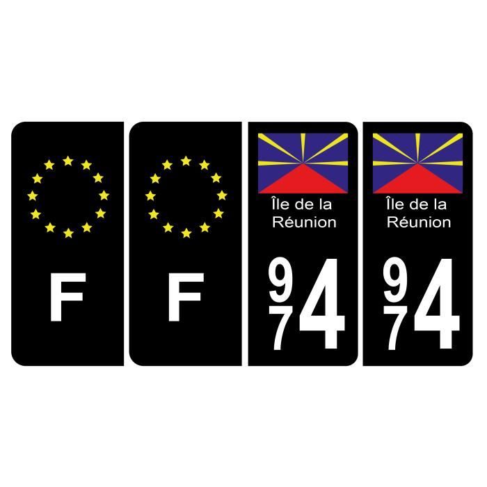 Lot de 4 Autocollants Plaque d'immatriculation 974 Ile de la Réunion Bis Noir Couleur & F Europe