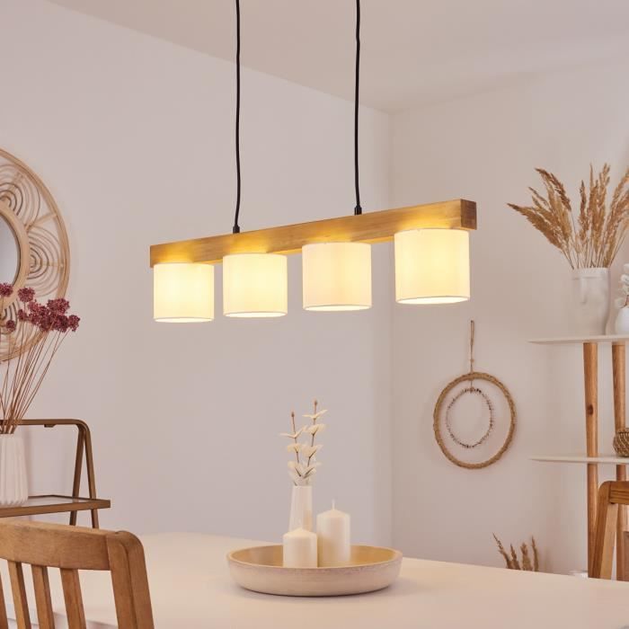 Suspension - HOFSTEIN - Malimea - Lampe en bois et métal - Abat-jour en tissu blanc - 4xE14 max. 28W Suspension - HOFSTEIN - Malimea - Lampe en bois et métal - Abat-jour en tissu blanc - 4xE14 max. 28W