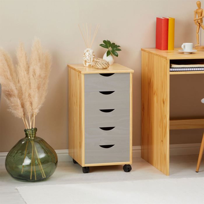 Caisson de bureau LAGOS meuble de rangement sur roulettes avec 5 tiroirs en pin massif finition vernis naturel et lasuré gris
