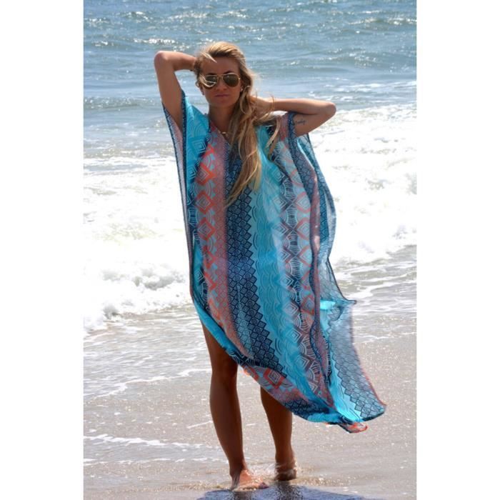 Caftan Kimono Robe De Plage Femme Longue Col V Mousseline De Soie