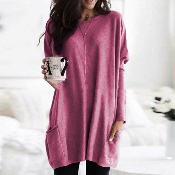 Chemise Longue pour Femme Col Rond Manches Longues Pull