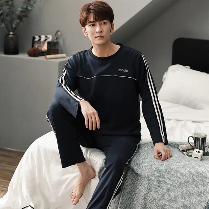 Bresdk Pyjama Homme Hiver Chaud Col à Revers Pijamas Coton 2 Pièce
