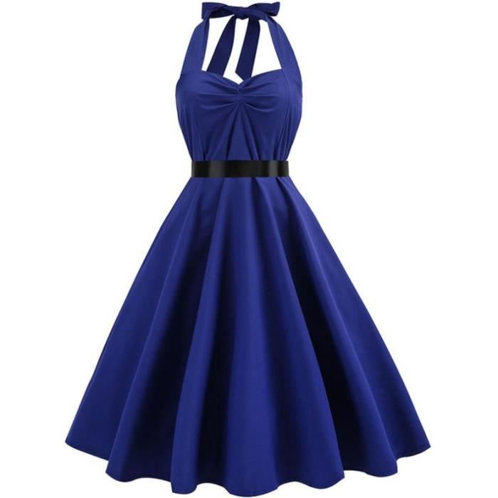 KJEHOME Robe d'été à pois pour femmes rétro blanche col licou Vintage