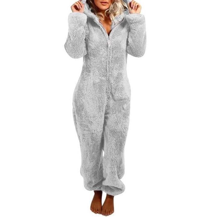 Combinaison Pyjama Femme en Polaire Grenouillere a Capuche Gris Onesie Pyjama Une Piece Hiver