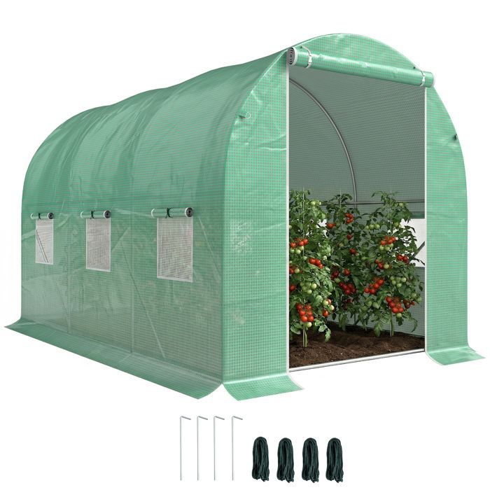 Serre de jardin tunnel - Outsunny - surface 6 m² châssis tubulaire renforcé porte zippée 6 fenêtres - PE - 3x2x2m - vert
