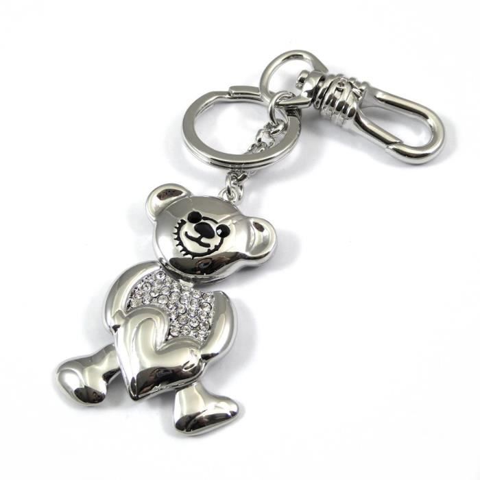 Porte clef bijou de sac nounours en metal et strass argente RC004101