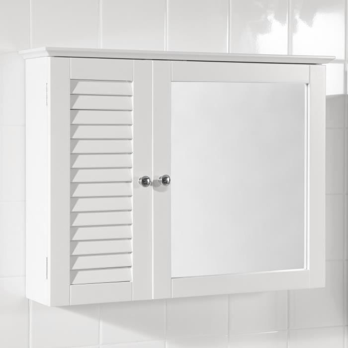 SoBuy BZR55-W Meuble Haut de Salle de Bain Armoire Suspendue avec Porte Miroir Commode Meuble de Rangement Mural 65x15x49