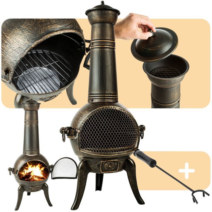 Photo de tectake-brasero-mexicain-en-fonte-de-jardin-avec-cheminee-et-grilles-52-cm-x