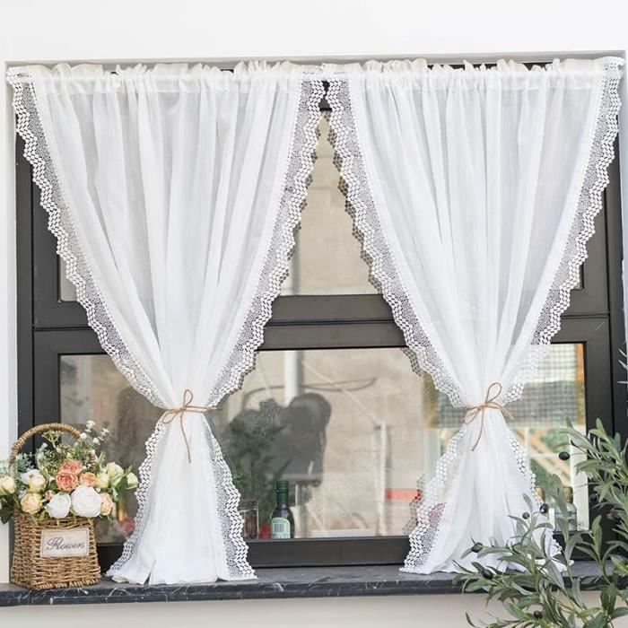 Devola Rideau Brise-Bise Brodé Avec Pompons 90 X 60 Cm Blanc - Style Maison De Campagne