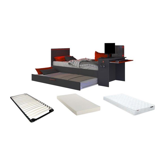 Lit gigogne gamer 90 x 200 et 90 x 190 cm - Avec bureau - LEDs - Anthracite et rouge + Matelas + Sommier - VOUANI