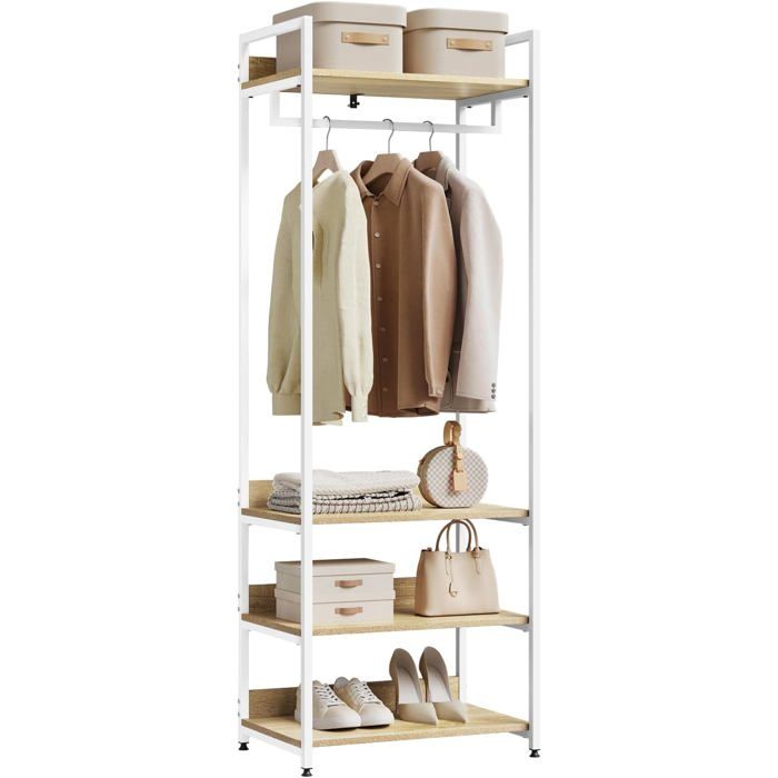 WOLTU Porte-Manteau avec un Tringle et 4 Étagères en Bois et Acier Penderie Ouverte Chêne clair+Blanche 60x40x170cm