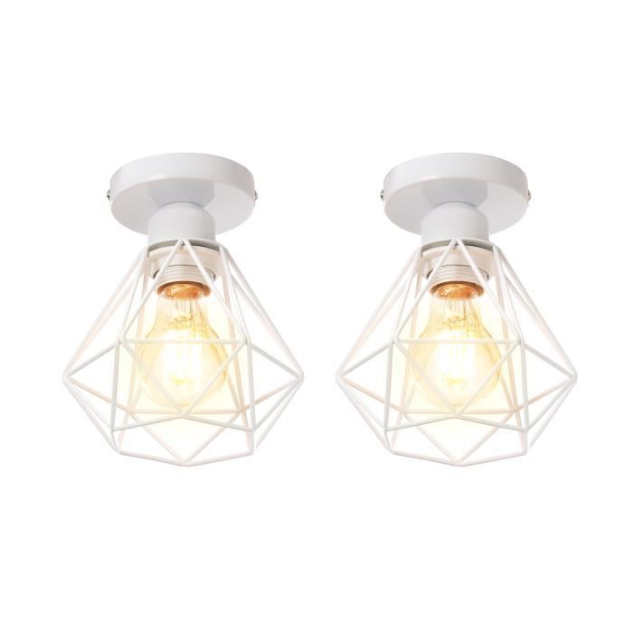 UNI Lot de 2 Plafonnier Cage Diamant E27 16cm Rétro Industrielle Lustre Suspension pour Couloir Escalier Chambre Blanc