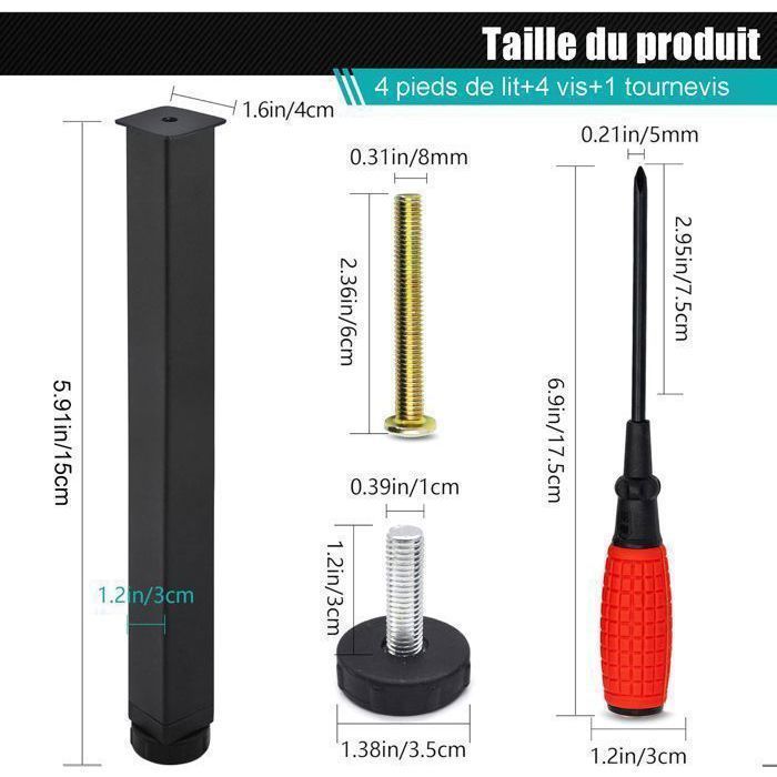 Pieds de lit métalliques réglables 18-33 cm, pour sommier, armoires, canapés, lot de 2. - Maison