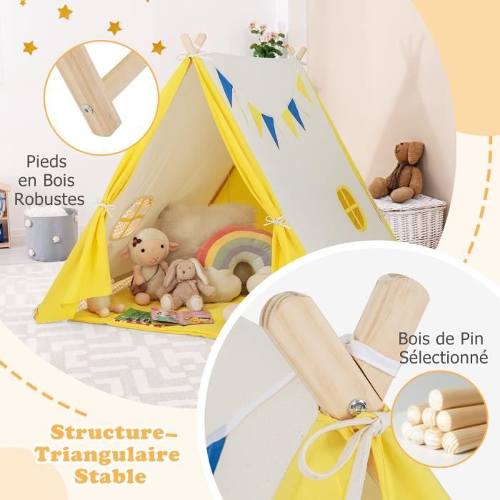 Tipi Tente Pour Enfants 100x100x160 Cm - Coton Avec Guirlande LED, Peluches, Tapis - Jeu D'intérieur/extérieur