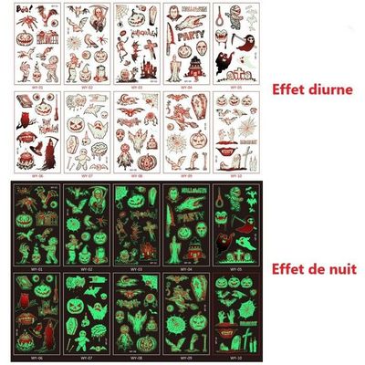 Tatouages Temporaires Fluorescents Halloween - 10 Feuilles - Motifs Citrouille, Fantôme, Chauve-souris... - Sûrs Pour Enfants
