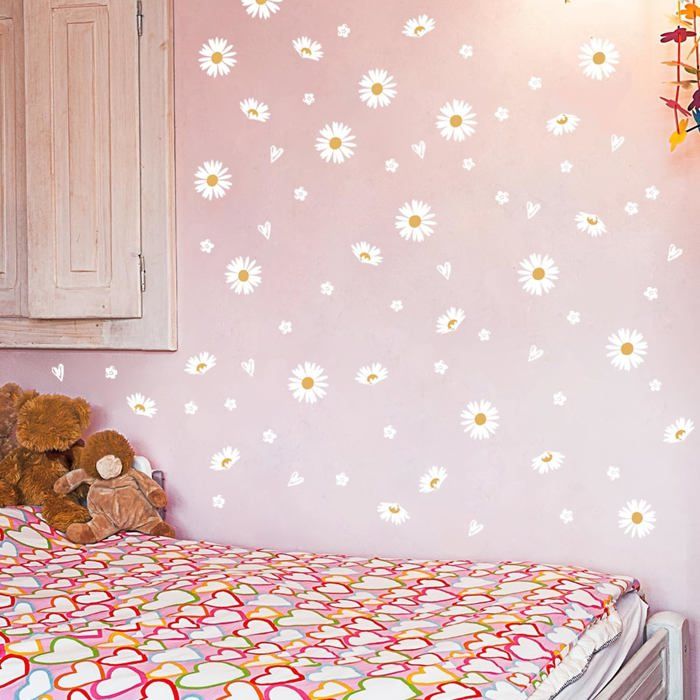 Stickers Muraux Fleurs Marguerites Blanches - Déco Amovible Pour Chambre, Salon, Style Bohème - 5
