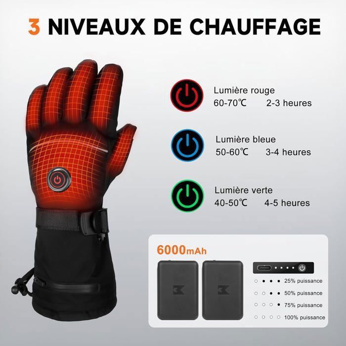 Gants Chauffants,5V 6000mAh Électrique Rechargeable Gant Chauffant pour