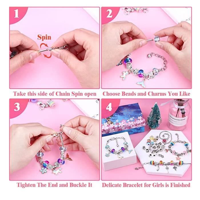 1pcs Cadeau Fille 5-13 Ans Enfant Jouet DIY Charms Bracelet Kit Fabrication  Creation Bijoux Filles Jouet Idée, 5 6 7 8 9 10 11 Ans