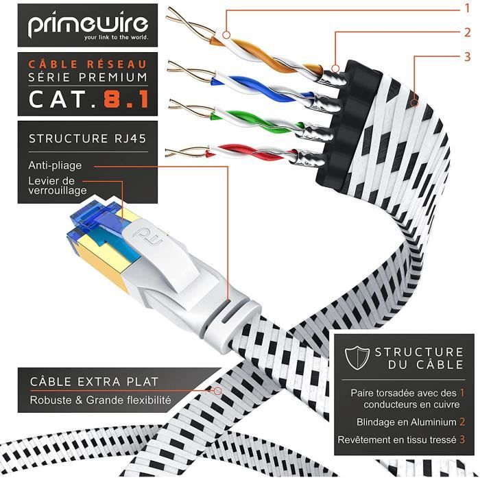 Primewire - 0,5m Câble réseau Cat 7 Plat, Câble Ethernet 50cm
