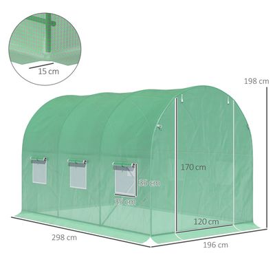 Serre Tunnel Outsunny 8m² - 4x2x2.05m - Acier Galvanisé + Bâche 140g/m² - 6 Fenêtres Moustiquaires - Double Porte