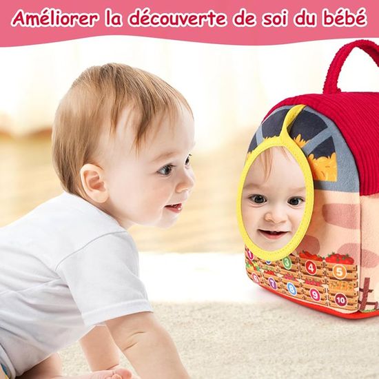 Jouet Bébé 6-18 Mois Ferme En Peluche Avec 6 Animaux + Miroir - Montessori Sensoriel - Grange Avec Poignée - Cadeau éducatif Garçon Fille