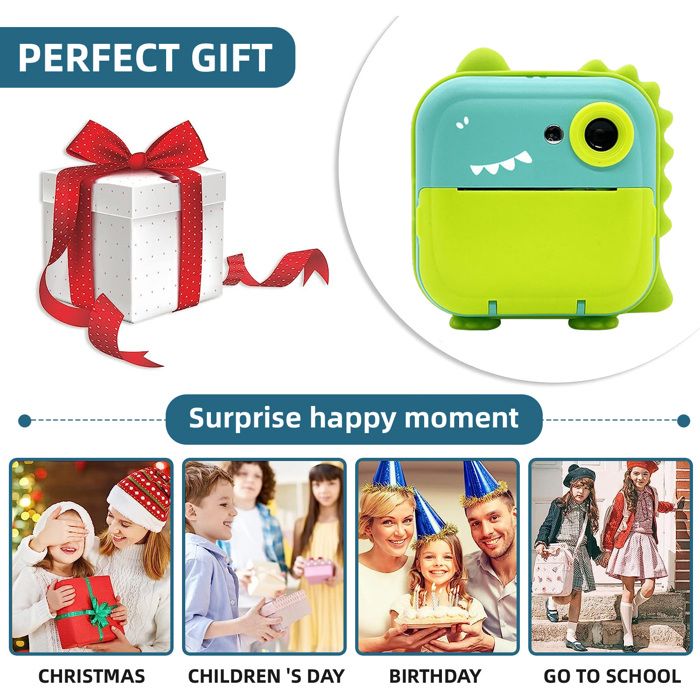 Appareil Photo Instantané Enfant – 1080P HD Avec Impression, 3 Rouleaux Papier, 5 Stylos, Carte 32 Go
