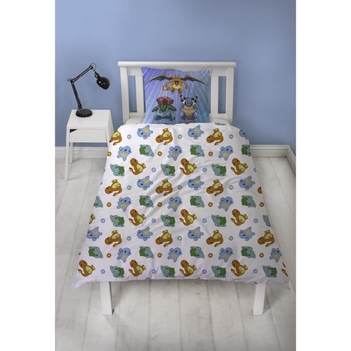 Parure De Lit Enfant Pokémon - Housse Couette Réversible 140x200 Cm + Taie 63x63 Cm - Motif Pikachu Et Évoli - Tissu Doux Oeko-Tex - Pour Lit 1 Place