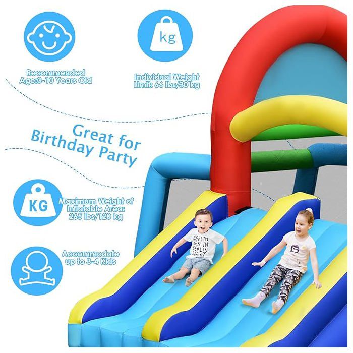 LIFEZEAL Château Gonflable 2 Toboggans – 383x313x182 Cm, 120 Kg, Mur Escalade, Trampoline, Filet, Avec Souffleur