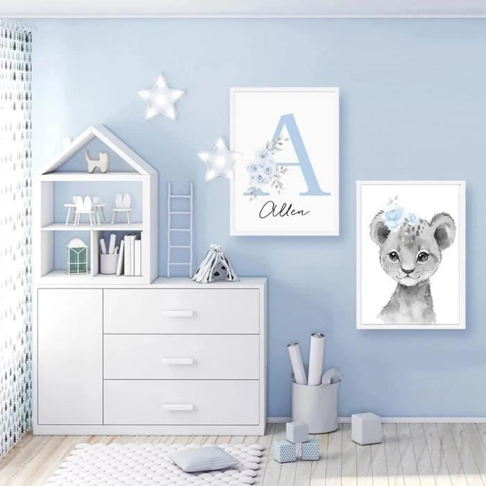 Youihom 3 Toile Prenom Chambre Bebe Garcon Poster Elephant Lion Ballon Gris et Rose a3 Affiche Personnalisée Bébé Tableau Decoration Murale Cadeau sans Cadre