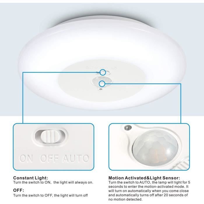 Bombubilla Plafonnier LED à Détecteur de Mouvement, Plafonnier à Piles avec Télécommande, Blanc