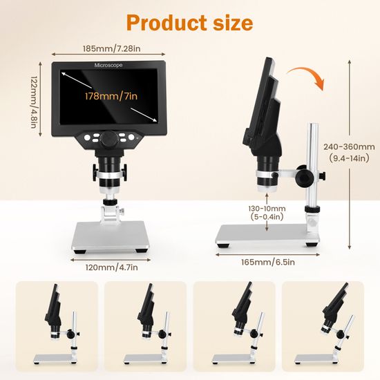Microscope Numérique Portable Avec écran LCD 7" - Grossissement 10x à 1200x, 8 LED, Endoscope Pour Soudure, Observation - Compatible PC Windows
