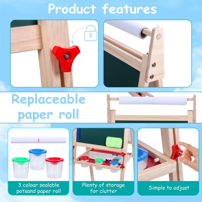 Siairo Tableau de jeu pour enfants réglable en hauteur - Chevalet double face pour enfants - Avec rouleau de papier