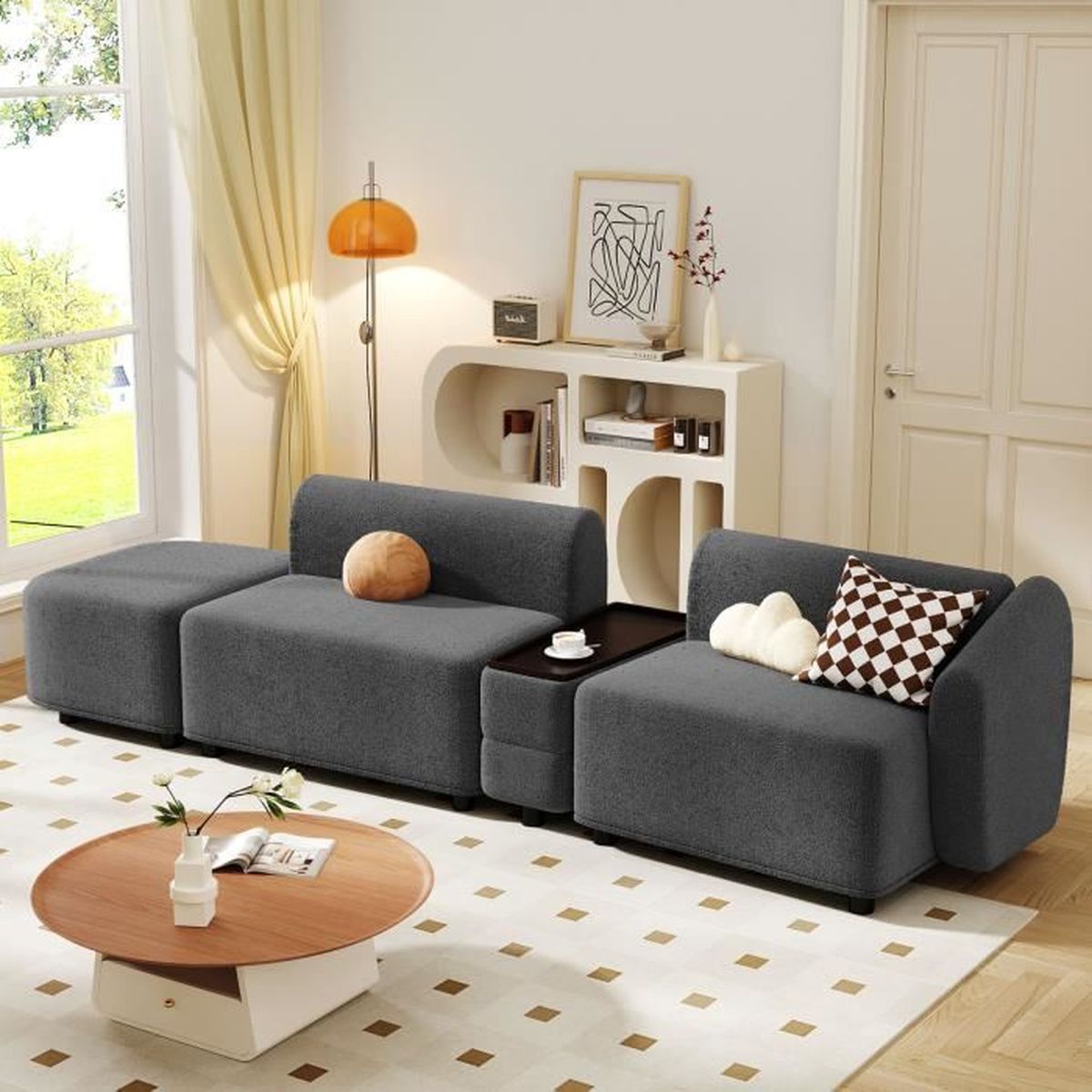Canapé 3 Places Convertible En L - Fonction Couchage, Rangement, Porte-gobelets, Tissu Lin Gris