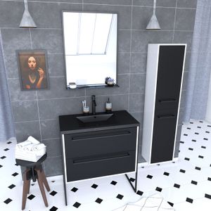 MEUBLE VASQUE - PLAN Ensemble meuble de salle de bain 80x50 cm - vasque noir effet pierre + colonne noir mat + miroir