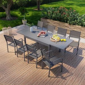 Ensemble table et chaise de jardin Table de jardin extensible en aluminium 270cm + 8 fauteuils empilables textilène anthracite - MILO 8