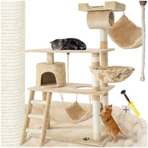 ARBRE À CHAT TECTAKE Arbre à Chat 141 cm MARCEL Griffoir + 1 Cabane + 1 Corde de Jeu + 1 Hamac - Beige