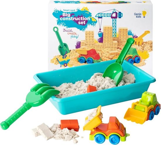 YUEMING Bac à Sable Magique – 1 Kg – Chantier Construction – 3 Véhicules & 6 Moules – Dès 3 Ans