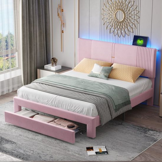 Lit Double Coffre Avec LED Et Tête De Lit Capitonnée Velours - 160x200 Cm, Sommier à Lattes, Rangement Spacieux - Beige
